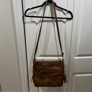 🩷 MMS Brown Leather Crossbody Bag Purse Gold Accents